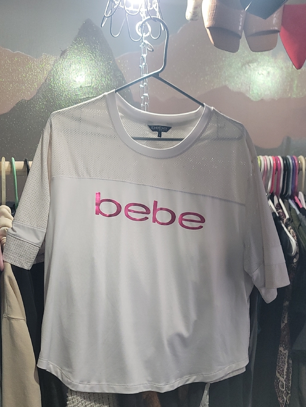 bebe White Tee with Pink Logo Center